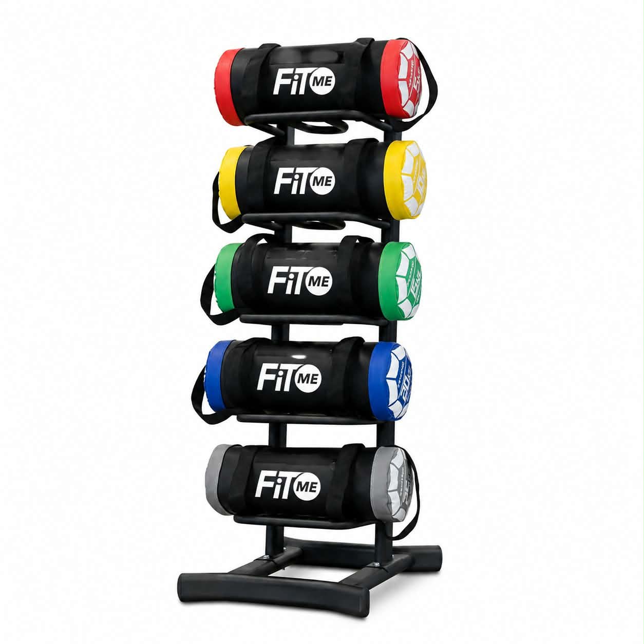 Five colour-coded FitMe power bags on a vertical rack