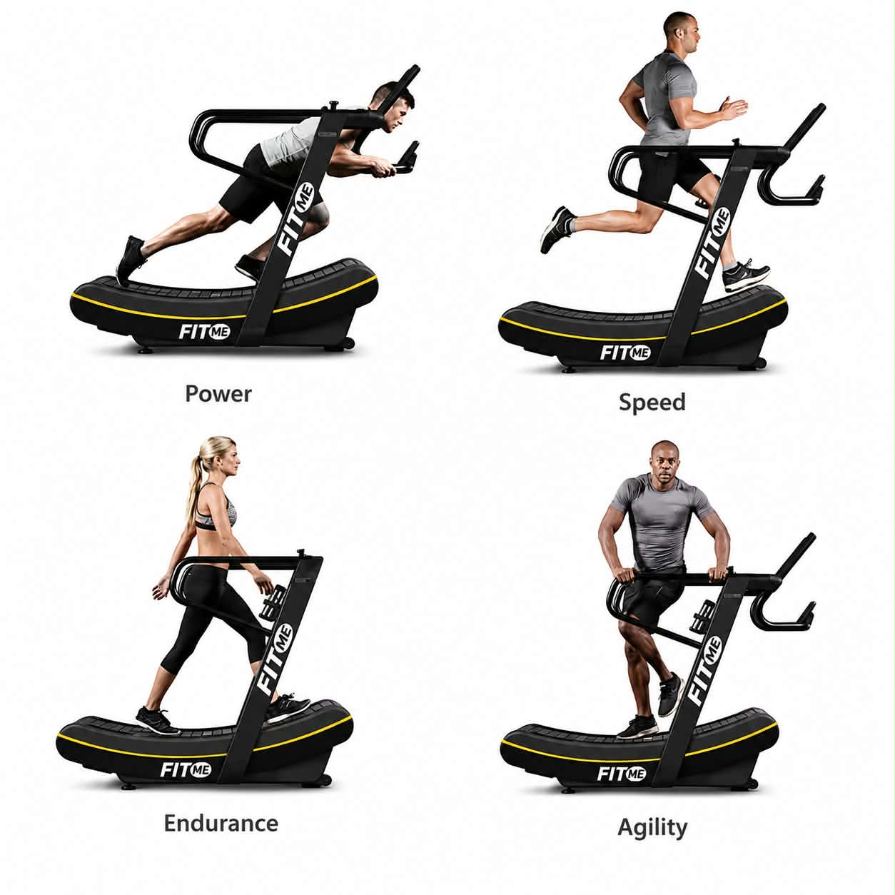 Power, speed, endurance and agility training modes on the curved treadmill