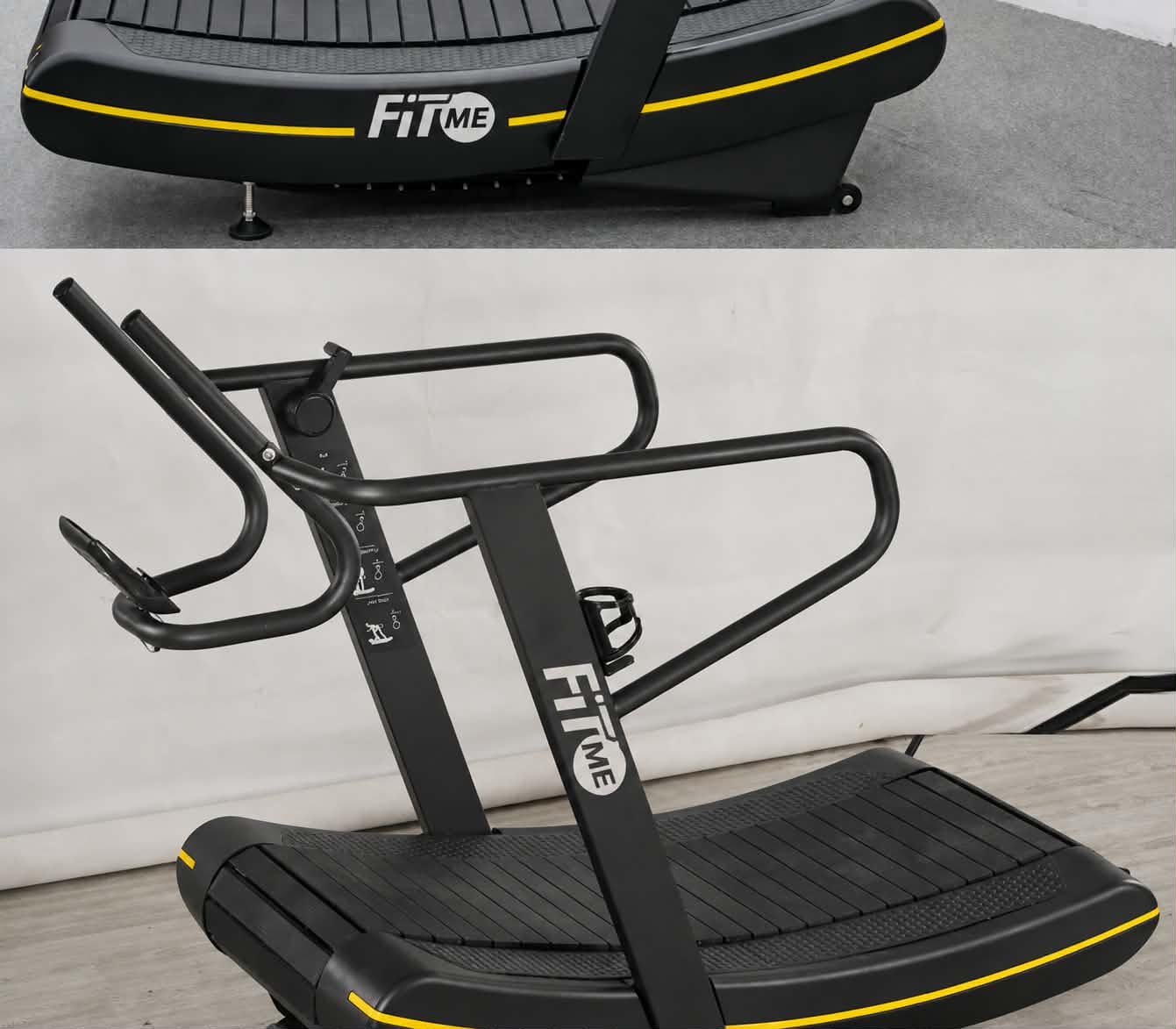 Close-up of the FitMe curved treadmill frame and deck