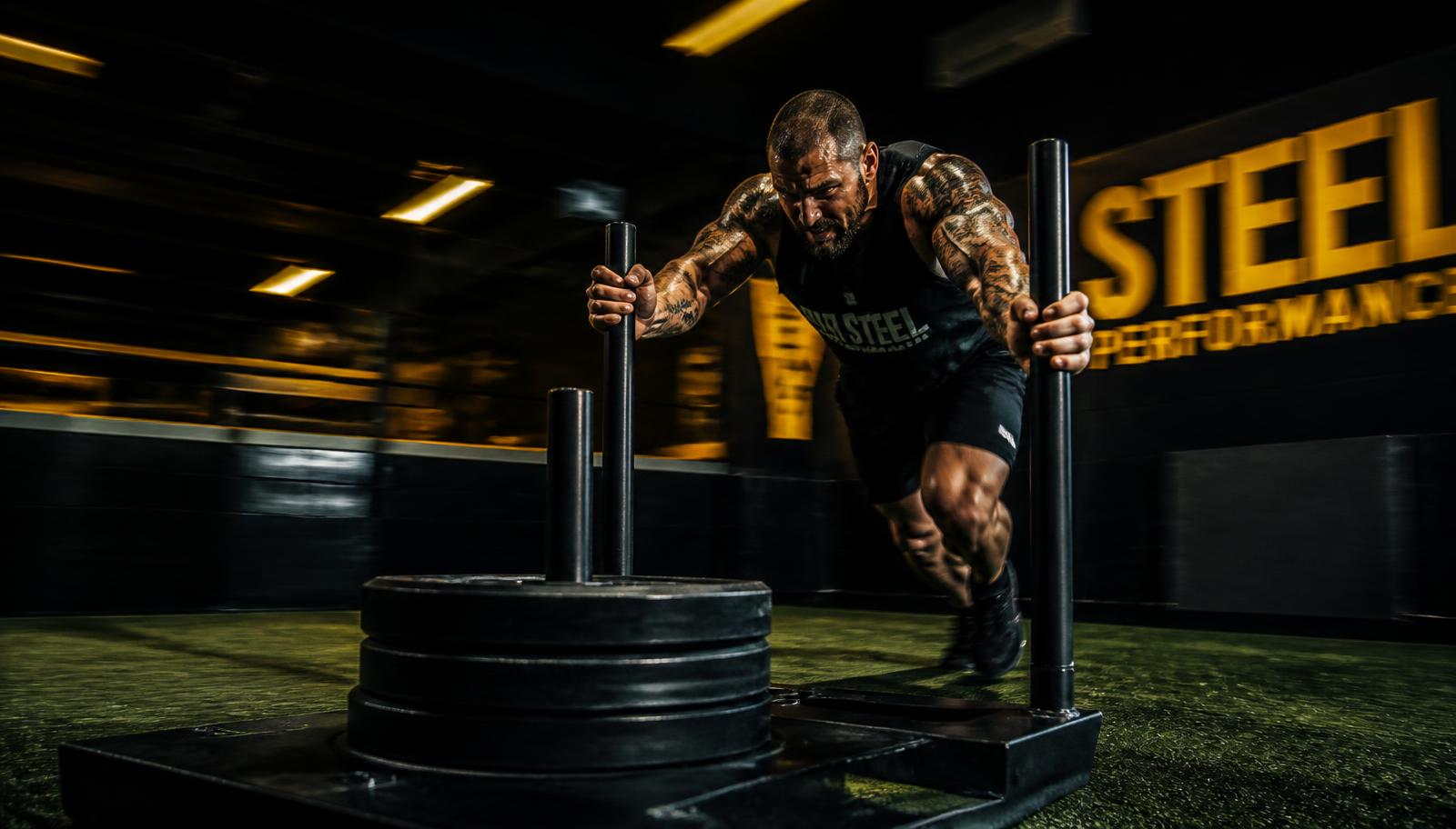 Athlete pushing a loaded weight sled across gym turf